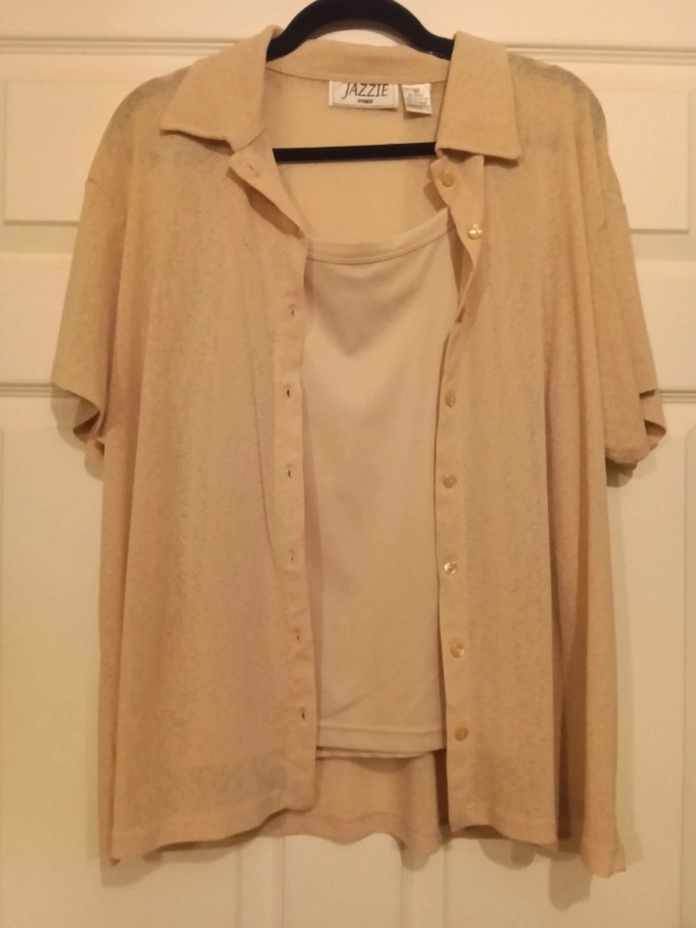 Jazzie Women's  Short-Sleeve Beige Button-Up Shirt With Tank Style Undershirt.